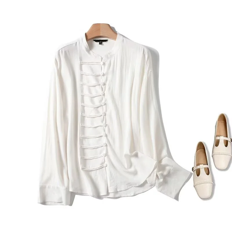 

Dave&Di 2026 Spring Elegant Women's Clothes Shirts Tops French Country Style Button White Shirt With Stand Collar Shirts & Blous