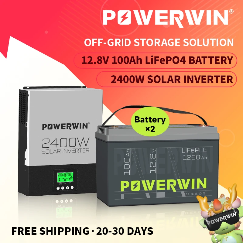 POWERWIN BT100 LifePO4 12V 100Ah/1280Wh HI3000 2400W 24V Hybrid Solar Pure Sine Wave 80A MPPT Off-grid LCD 12V Battery