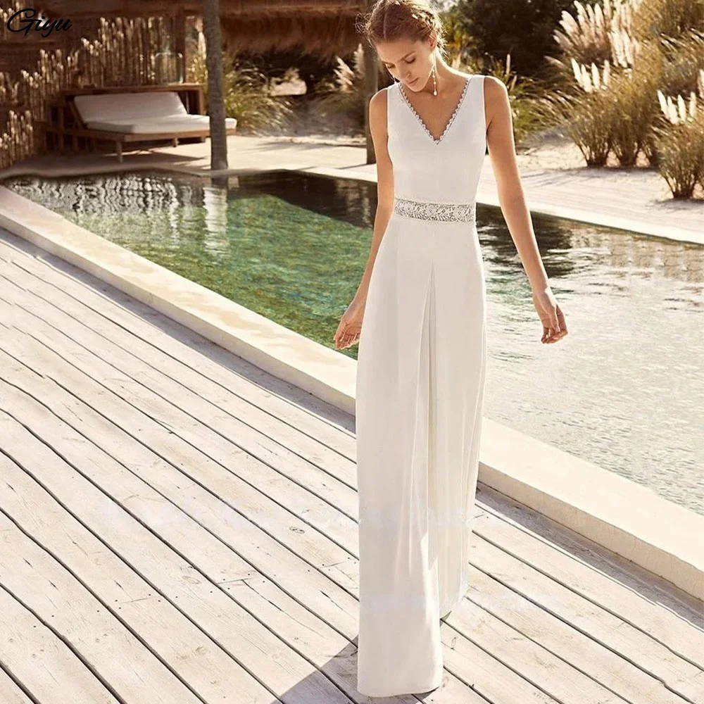 Giyu Elegant V-Neck Sleeves Pant Suit Wedding Dresses Sheath Satin Lace Beaded Beach Wedding Gown Vestido de Novia 2026 Customiz