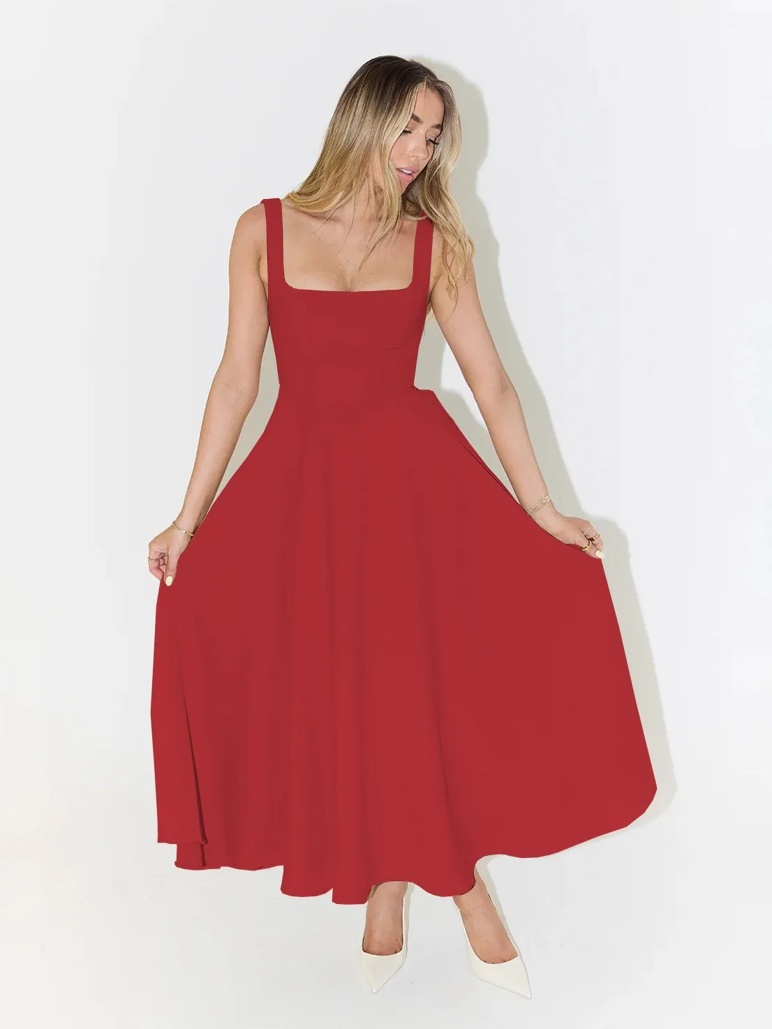 French Elegant Long Dress Women Solid Square Neck Sleeveless Waist Cami Midi Dress Summer Evening Party Outfit