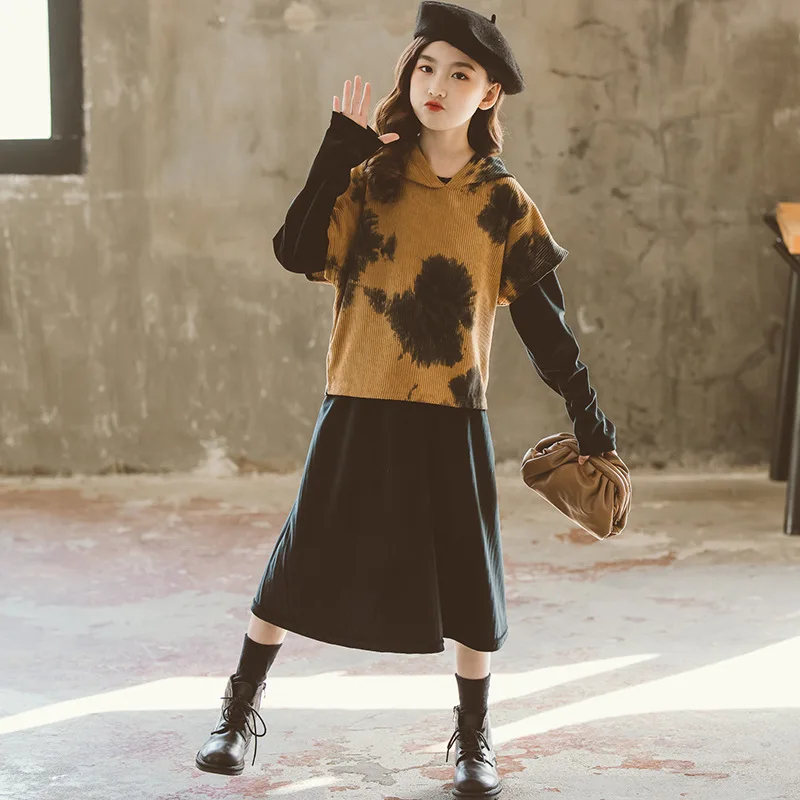 

Korean Children Girls 2025 Autumn 2-Piece Sets Junior Girl hooded Pullover Top Elementary Girl One-piece Dress Teen Girl Suits