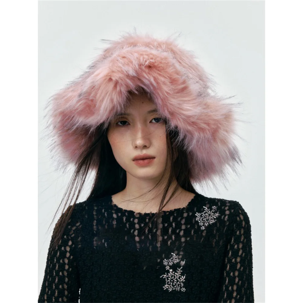 

Hot Faux Raccoon Fur Hat Fashion Soft Warm Elegant Women's Bucket Hat Foldable Fluffy Fur Fisherman Hats Luxury Woman Fascinator