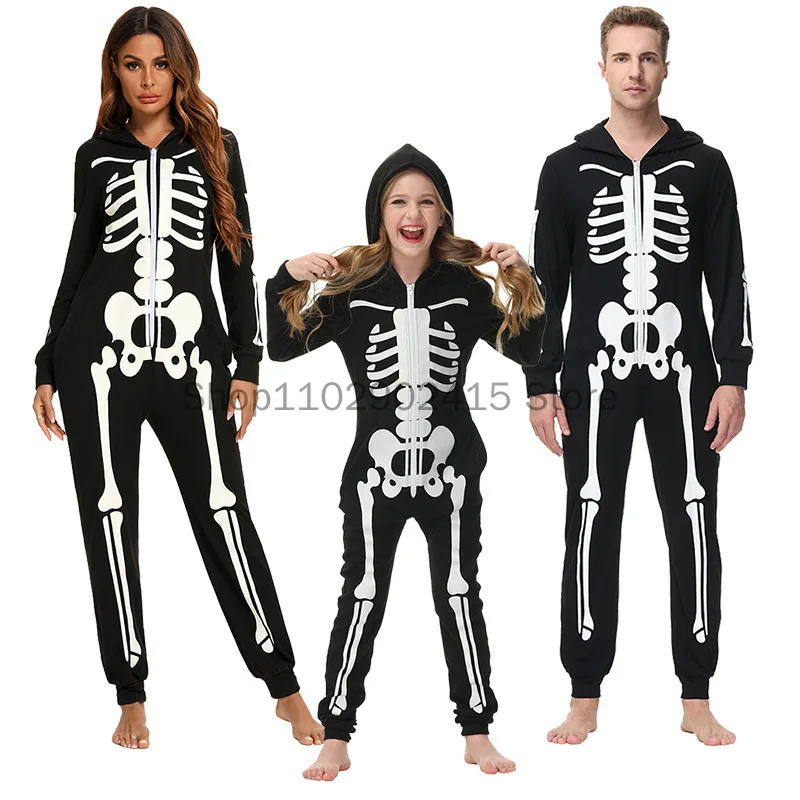 Halloween Carnival Outfit Family Costume Bone Skeleton Jumpsuit Cosplay Zipper Hooded Romper For Adult Kids Women Men Boy Girls