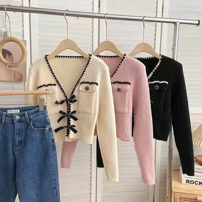 Bow Cardigan Women Japanese Style Retro Elegant Cropped V-neck Slim Solid Full Sleeve Mori Girl  Autumn Fashion Knitwear