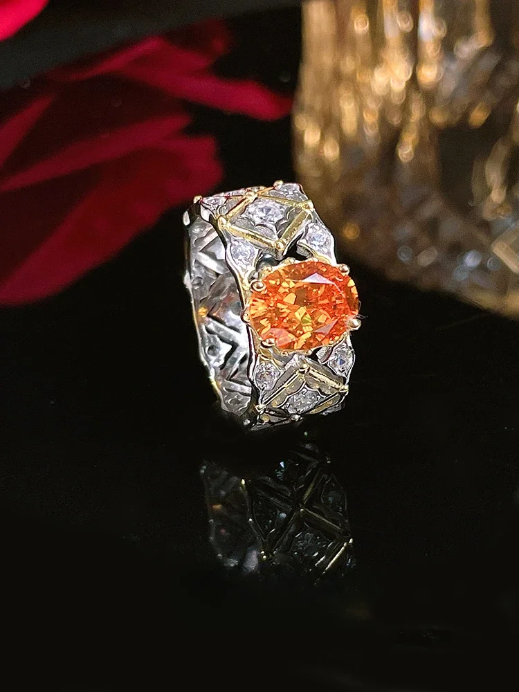 

Light Luxury Hollowed Out Fabric Lace Fenda Orange 925 Silver Ring Set, Paired with High Carbon Diamonds and Ice Cut Jewelry