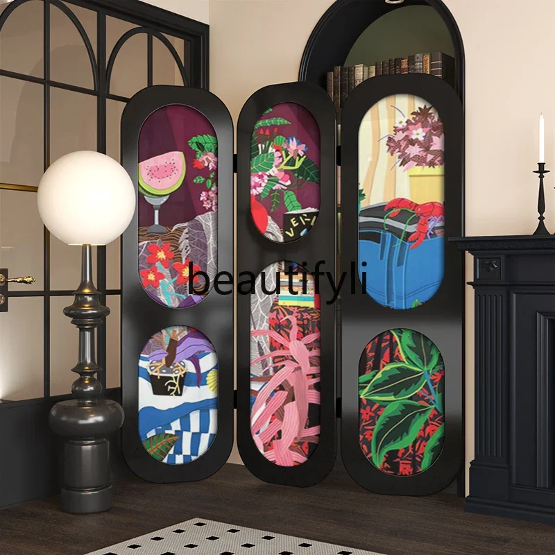 

French oil painting abstract solid wood screen partition living room sofa bedroom cover entrance porch mobile folding scre
