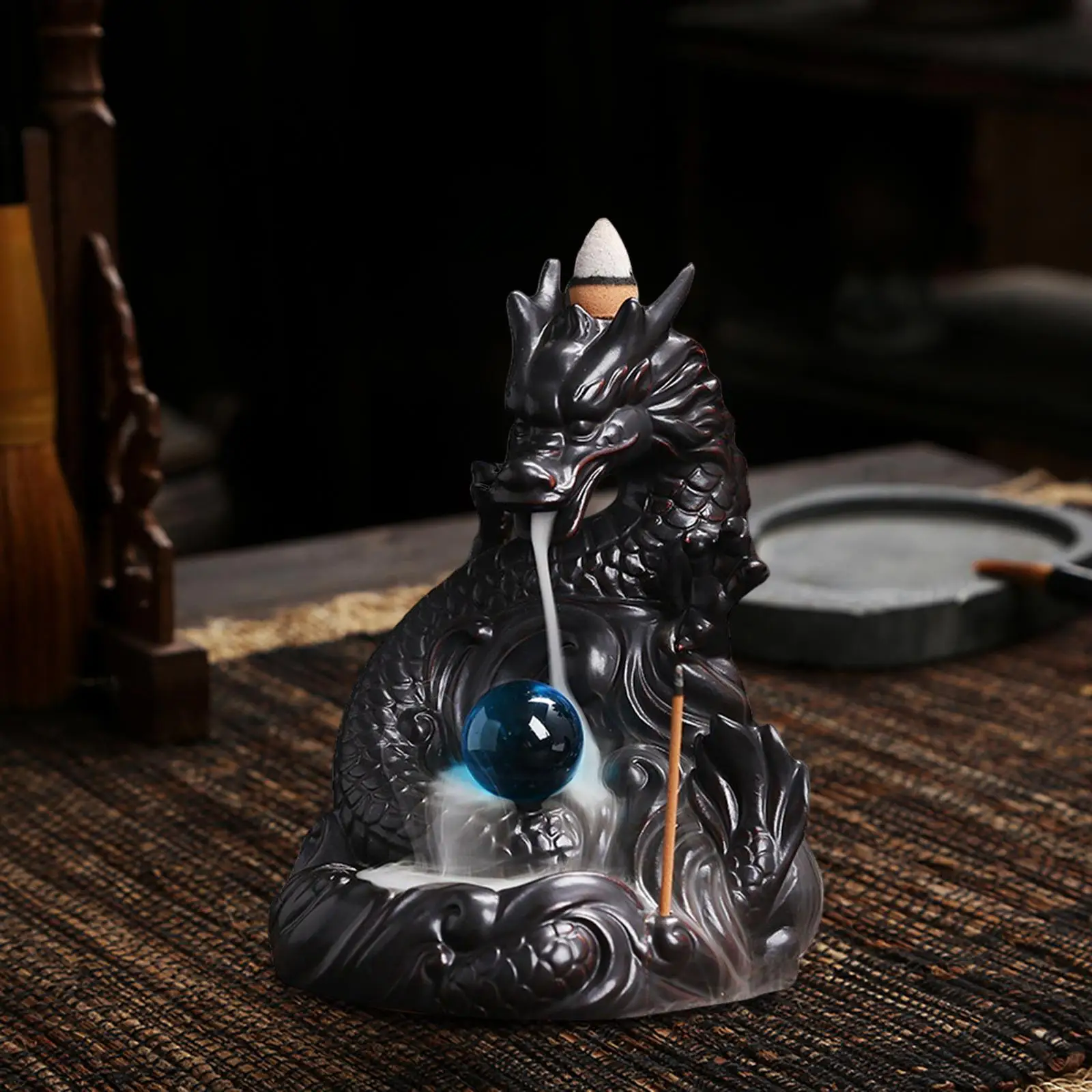 Backflow Incense Burner Waterfall Incense Cone Holder Ceramic Dragon Statue Censer for Yoga Decoration