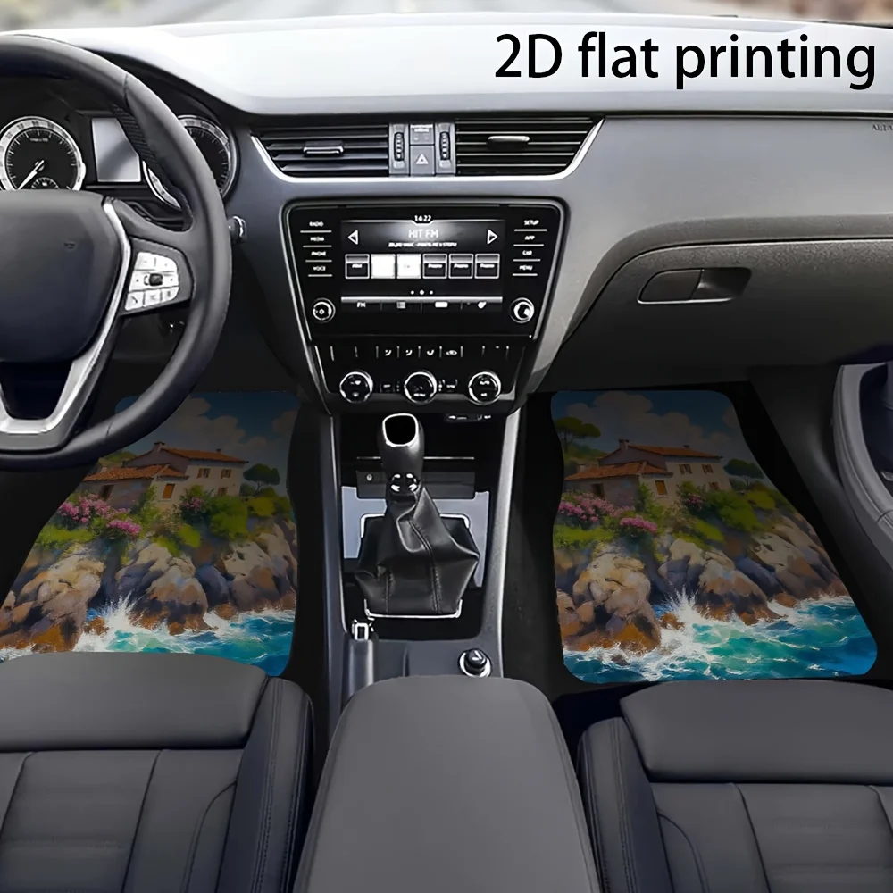 4pcs Car Floor Mats, Featuring A Pattern Of Waves Crashing Against A Rocky Cabin, Made Of Polyester Fiber, Universal Car Mats, E