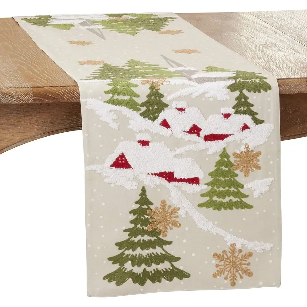 

Handcrafted Christmas Mountain Embroidery 16 x 70 Natural Table Runner