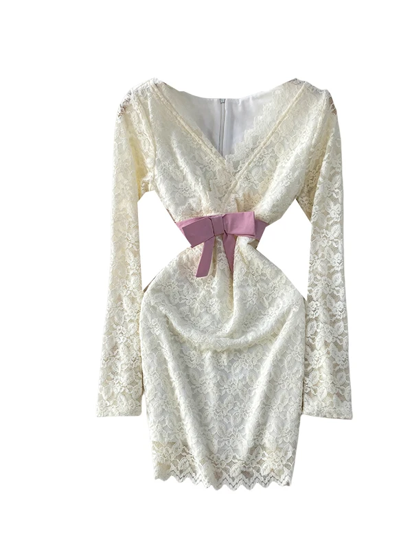 Ele الدانتيل طويل Sve V-ne Dr المرأة الخريف الشتاء تصميم عقدة الخصر التخسيس ort تنورة Bodycon Dr #5