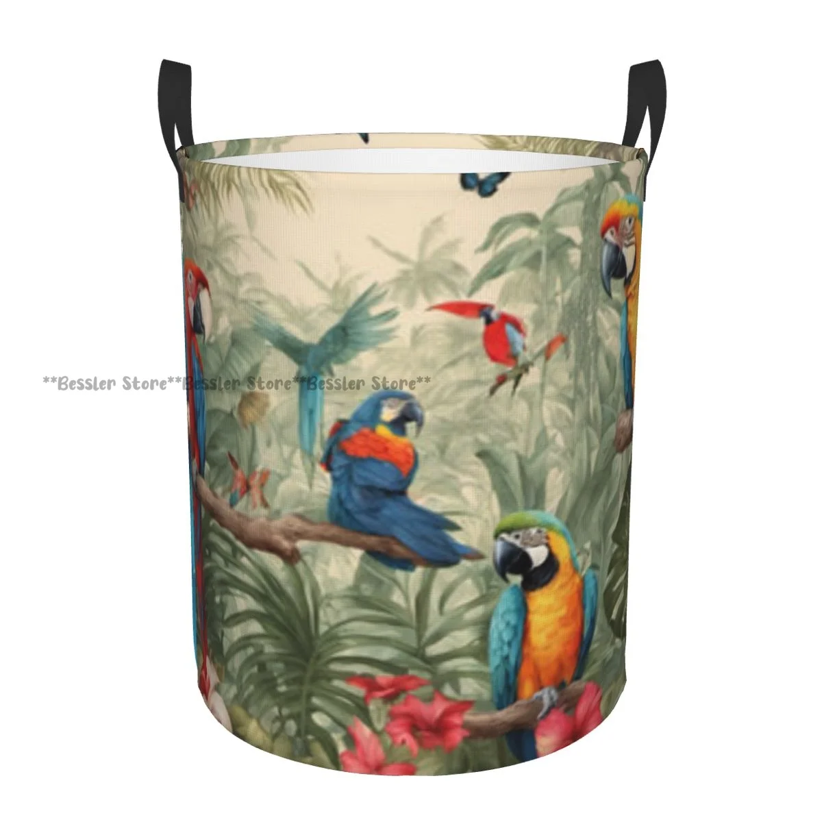 Folding Laundry Basket Macaw In Tropical Rain Forest Round Storage Bin Collapsible Hamper Clothes Bucket Organizer