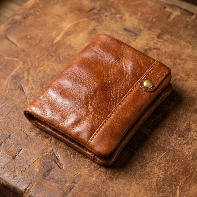 

Men Genuine Leather Bifold Wallet, Anti-Theft Short Snap Wallet with Multi-Card Slots, Secure Travel Small Wallet for ID & Cash