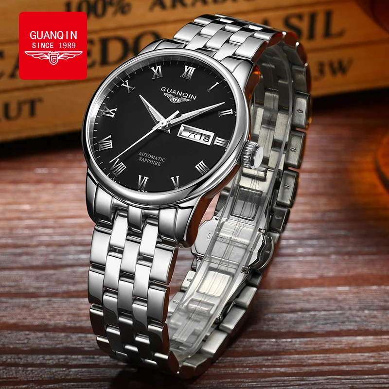 

Мужские часы GUANQIN: повседневные, деловые, из высококачественной стали, оригинальный бренд, автоматический механический механизм, римские цифры, водонепроницаемые, светящиеся