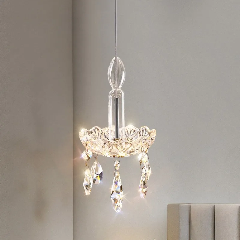 French Luxury Crystal Pendant Long-line Lamp Bedroom Bedside Small Chandelier High-end TV Background Wall Decorative Lamp
