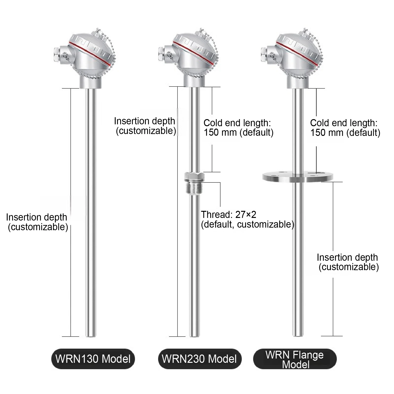 K Type Thermocouple Probe WRN230 High Temperature Sensor Industrial Temperature Measuring Probe Stainless Steel