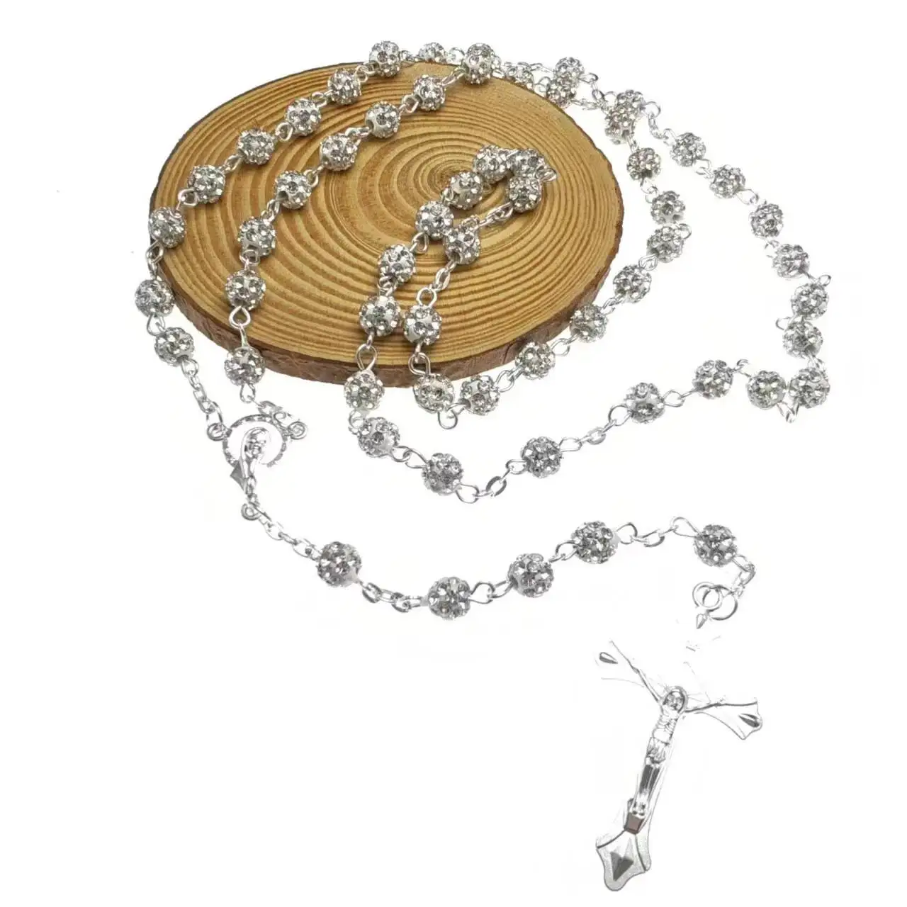 Free shipping 6mm white diamond bead jewelry with Jesus cross Mary center accessories necklace ornament bead string