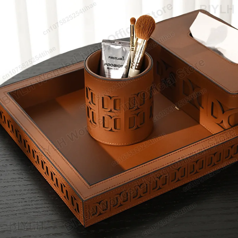 PU Leather Tray Home Decoration Storage Box Hollow Pattern Storage Tray High-end Light Luxury High-end Storage Box Pen Holder