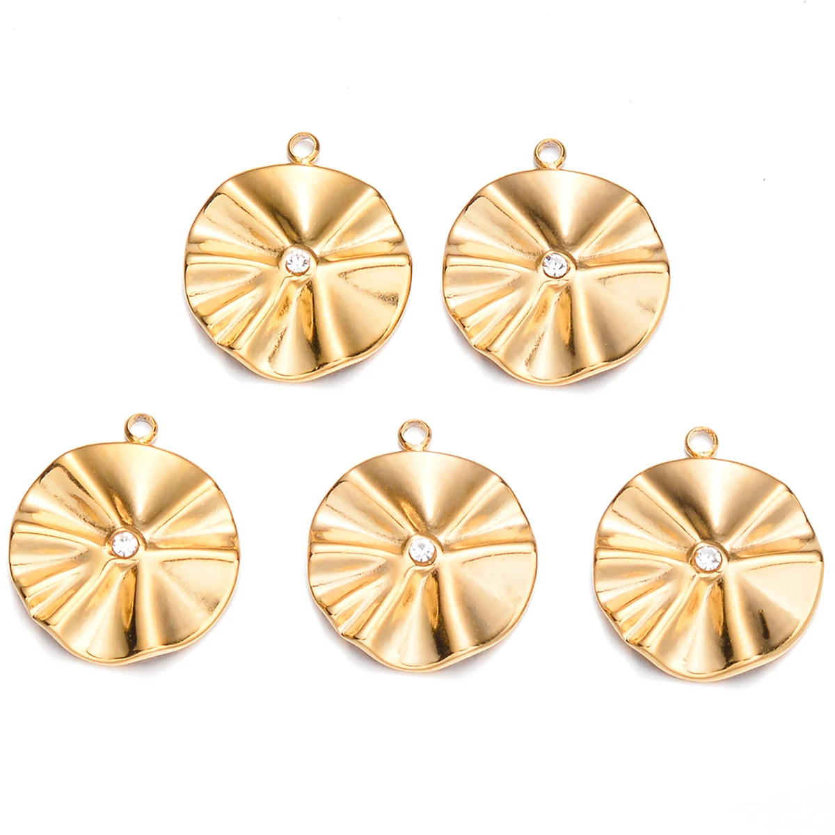 3pcs Stainless Steel Pleated Textured Round Rhinestone Pendant Gold Plated for Earring Necklaces DIY Jewelry Making Supplies