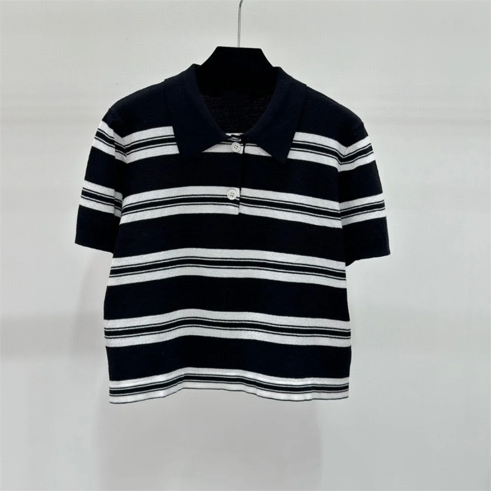 Women Polo Stripe Short T-shirt M881912 Neck T Shit Clothing Spring Summer Outdoor Streetwear Elegant Elastic Knit Wear 2024 New