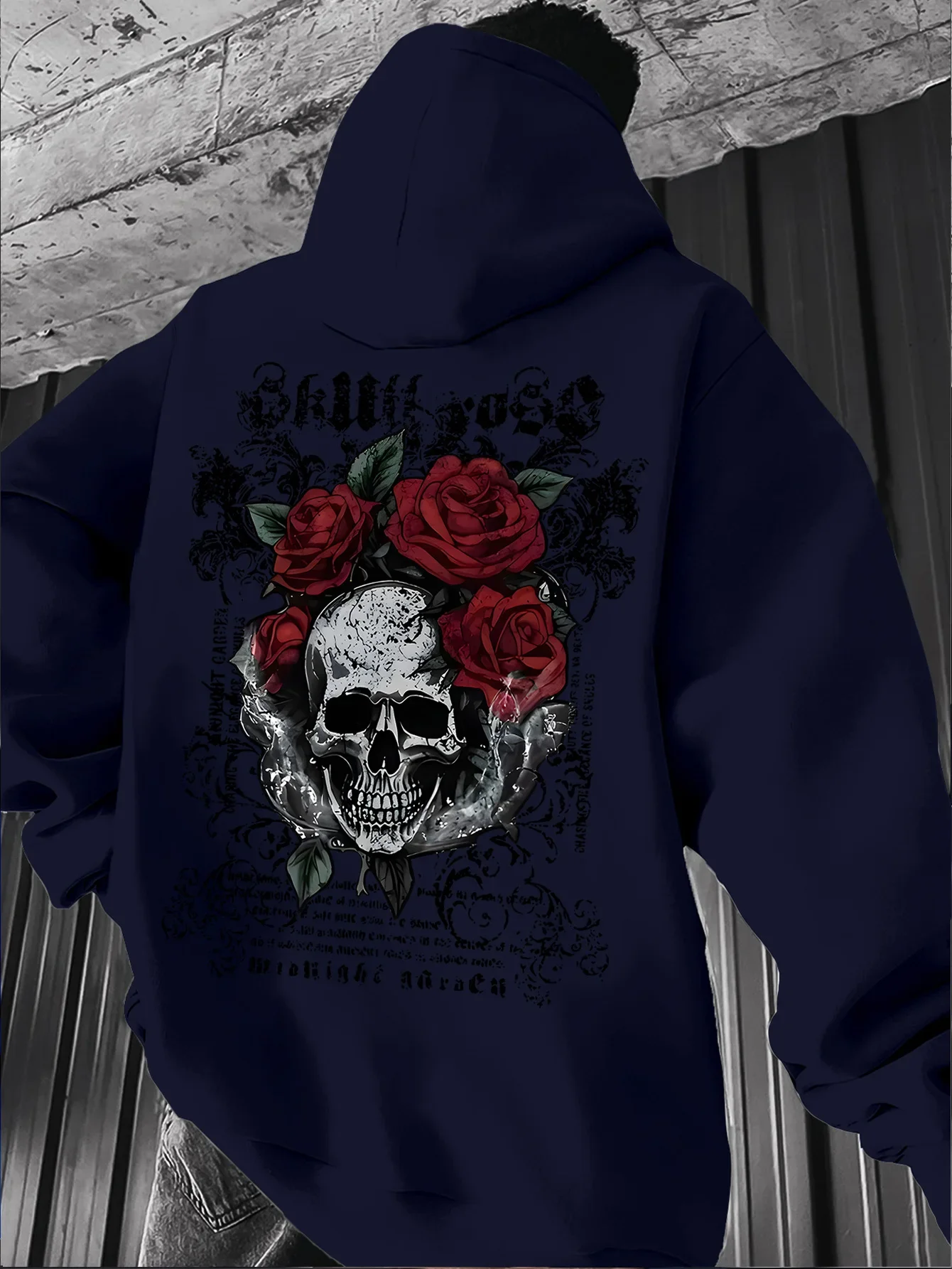 Men Street Hoodie Dark Gothic Skull Red Rose Retro Ornament Text Back Print Hip‑hop Loose Fleece Pullover Sweatshirt