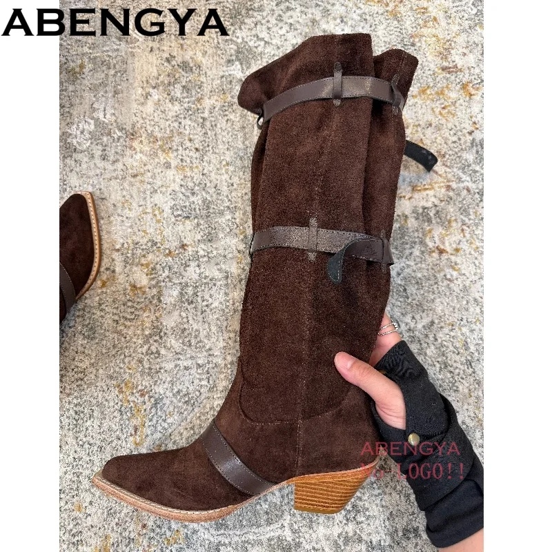 Hot Sale Winter Leather Knee High Boots For Women Pointy Toe Square Kitten Heels Long Boots Designer Party Chelsea Boots Women