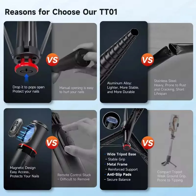 1770Mm TT01 Tripod Auto Pop Open Stand Bounce Selfie Stick Phone Holder dengan Remote Control Magnetik untuk Perekaman Video Vlog