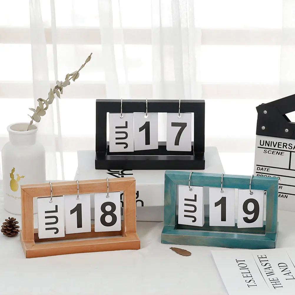 Wooden Calendar Page Turning Desk Calendar for Home Office Decor Brief Creative Design Sturdy Wood Stand