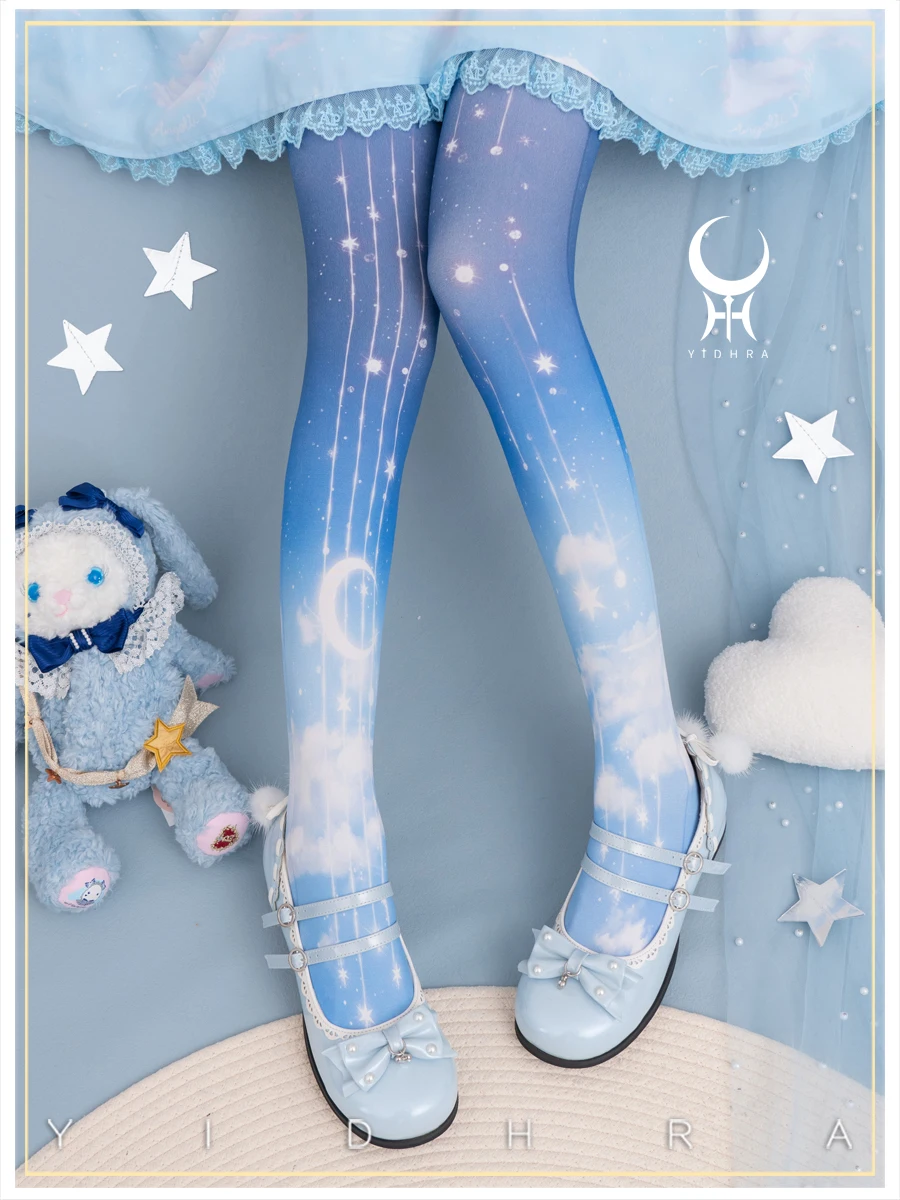 Original Day and Night Stars Moon Clouds Printing Lolita Pantyhose Soft Girl Autumn Winter Velvet Lo Pantyhose with Skirt Women