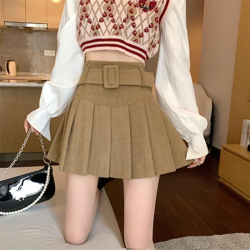 

Colors Corduroy Mini Skirts Women with Sashes Sexy Cute Solid Harajuku Autumn High Waist Faldas Pleated Preppy Korean Style LJ37