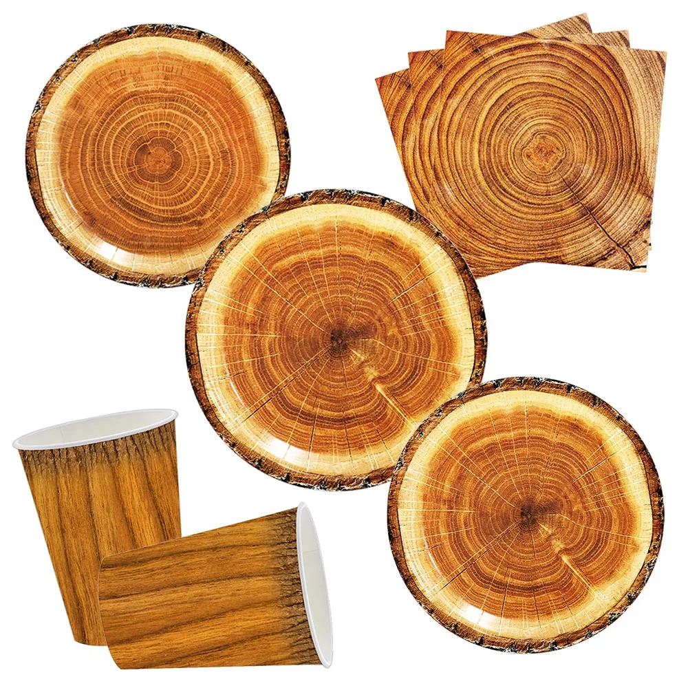 Wood Grain Paper Plates Cups Napkins Camping Wood Grain Slice Tableware Forest Themed Party Decoration Camping Birthday Supplies