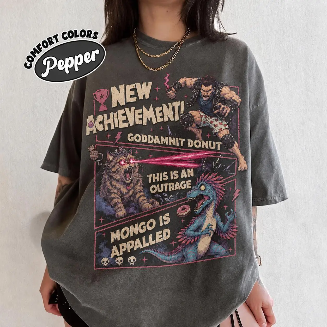 Comfort Colors Dungeon Crawler Carl Dad Shirt, New Achievement Goddamnit Donut Tee, Mongo Is Appalled DCC Gamer Dad Vatertag – Detail 5