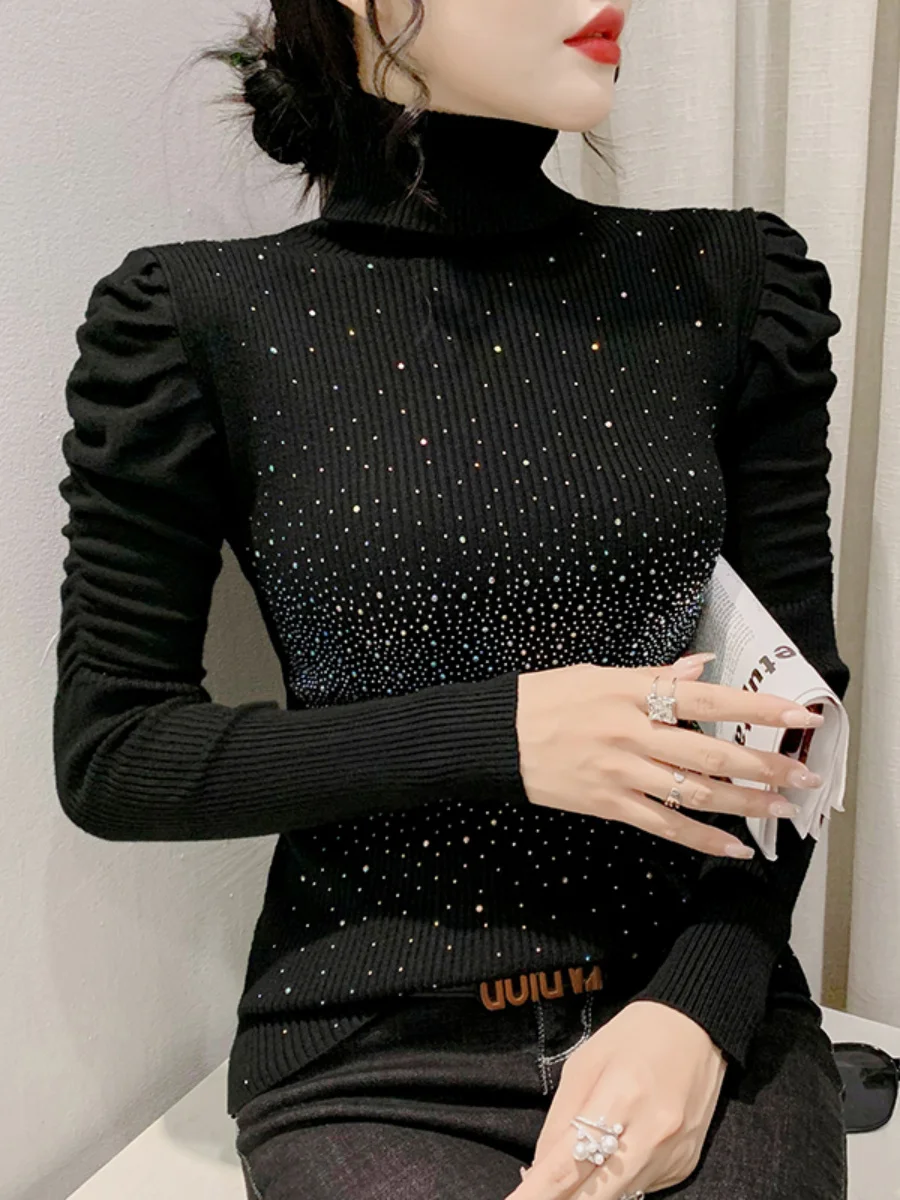 Turtleneck Heavy Rhinestone Bottoming Shirt Women 2023 Autumn Winter New Slim Fit Bubble Long Sleeve Black Sweater Tops