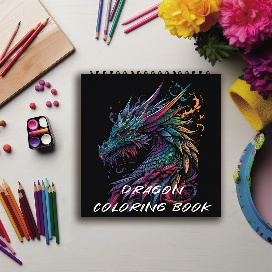 Coloring Book - 7.87 x 7.87 inches 32 pages Dragon Coloring Book - Ideal gift for family or friends