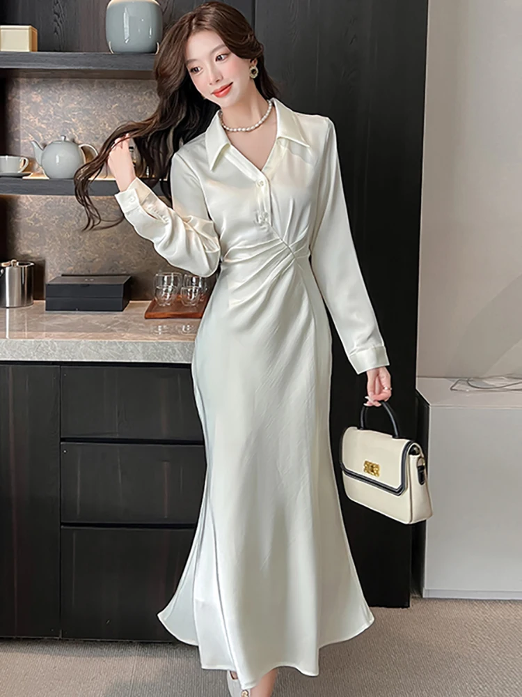 

Autumn Winter White Satin Long Sleeve Polo Collar Shirt Dress 2025 Elegant Luxury Ruffled Long Dress Women Korean Bodycon Dress