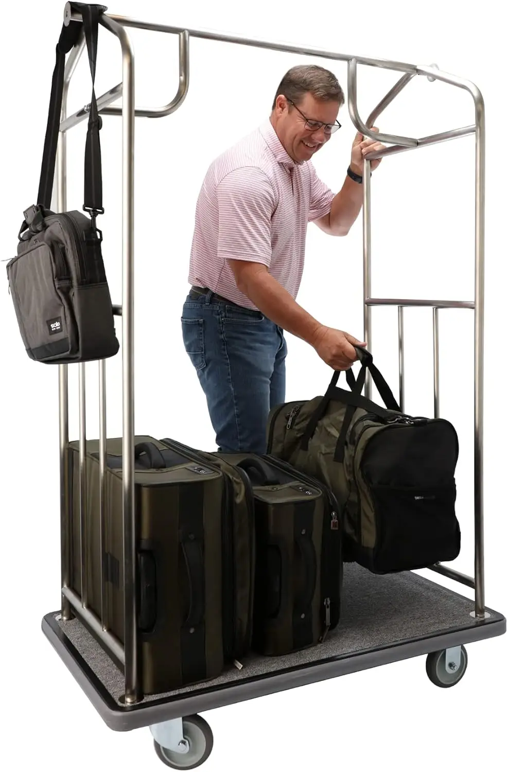 Valet Luggage Cart - Brushed Stainless Steel Bellman Cart with 5