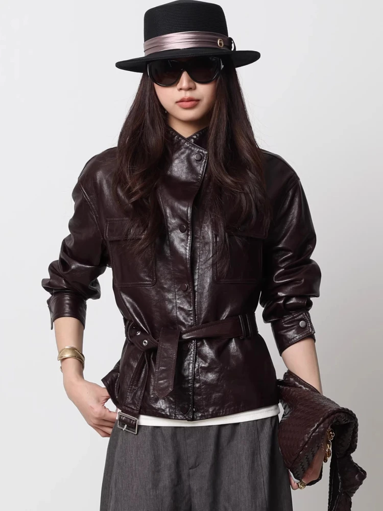

Genuine Leather Motorcycle Jackets Women Spring Autumn High-end Simple Stand Collar Soft Oil Wax Real Sheepskin Coat with Belt
