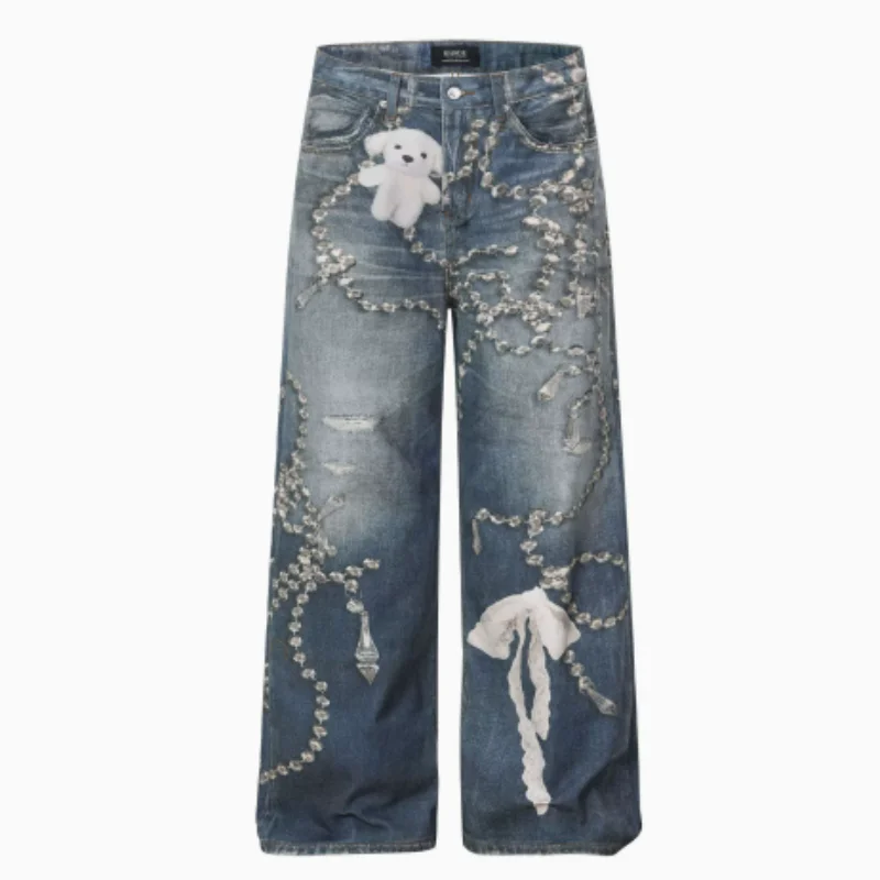 MWJLPWQ Niche Design Print Trendy Straight Jeans Unisex Streetwear 2026 Autumn New Loose Fit Male Casual Wide-Leg Pants 14965