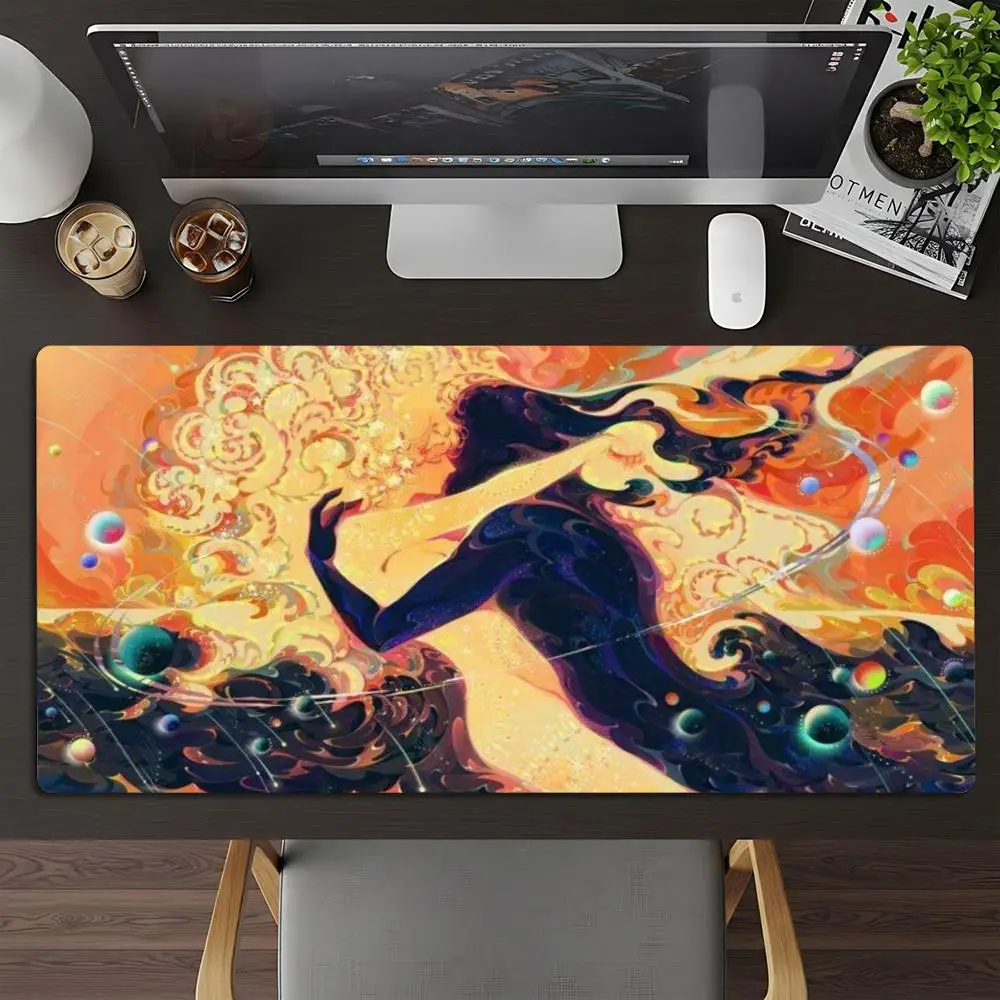Large Desk Mat XXL Space Goddess Cosmic Planet Mousepad Non‑Slip Rubber Overlock Keyboard Desk Mats Gamer Computer Mouse Mats