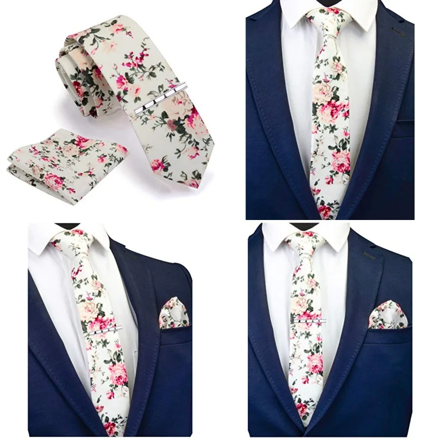 

Fashion 2.4"（6cm） Cotton Floral Printed Necktie Tie Clip and Pocket Square Sets + Gift Box, Creamy-white