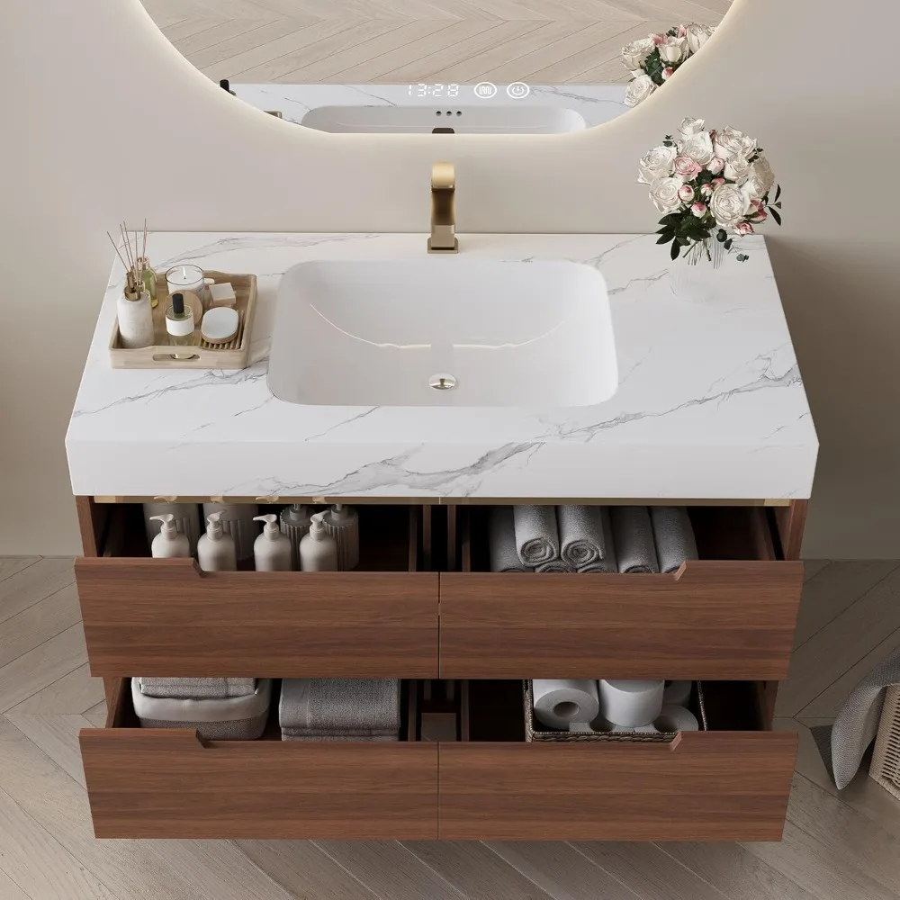 2-in-1 schwebender Badezimmer-Waschtisch mit Waschbecken-Kombination, 35,4'' wandmontierter Badezimmer-Waschtischschrank mit Keramikwaschbecken, 4 Schubladen