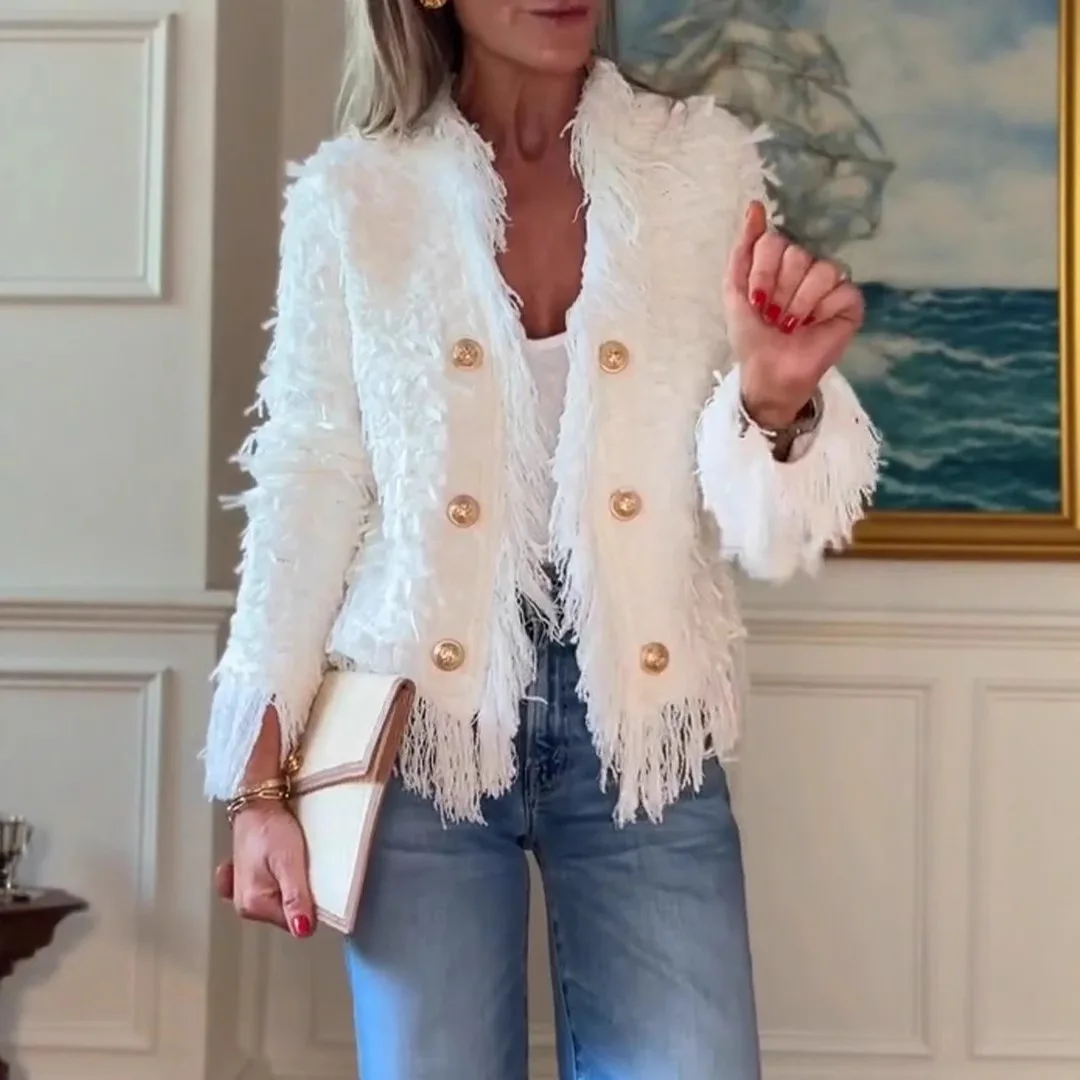 

Elegant Tassel Short Jacket Metal Button Cardigan Abrigos Invierno Mujer Outerwears Ceketler Jaqueta Feminina Куртка Женская