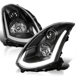 LED Strip Projector Headlights Black Compatible with 2003-2007 Infiniti G35 Coupe, Left + Right Pair Headlamps Assembly