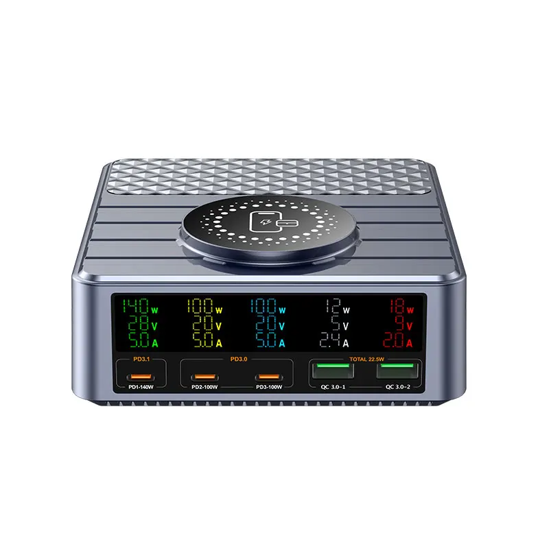 

260W 6-Port Desktop Fast Charger: MagSafe Wireless + 3PD+2USB Ports, Multi-Device Non-Slowing Charging with Display