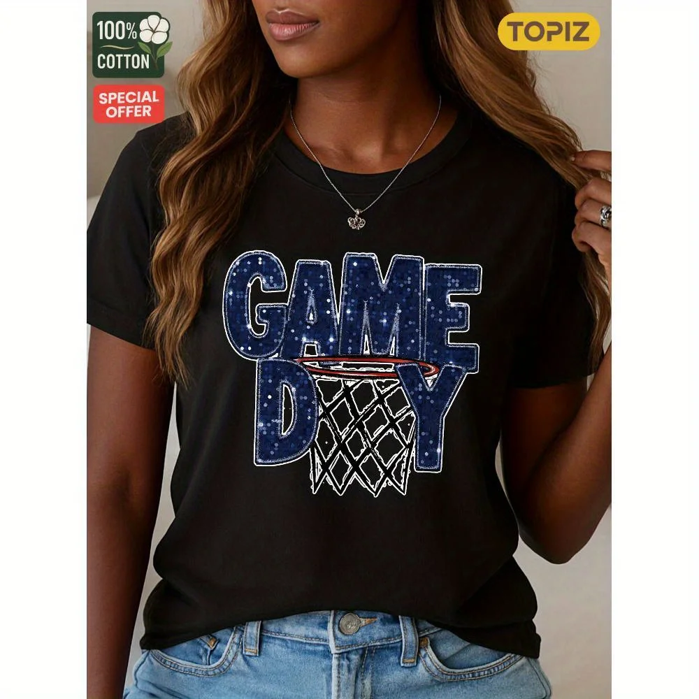 

Women's T-Shirt, Crew Neck Short Sleeve Casual Top, Graphic T-Shirt, Game Day Basketball Hoop Design , 100% Cotton, Shirt