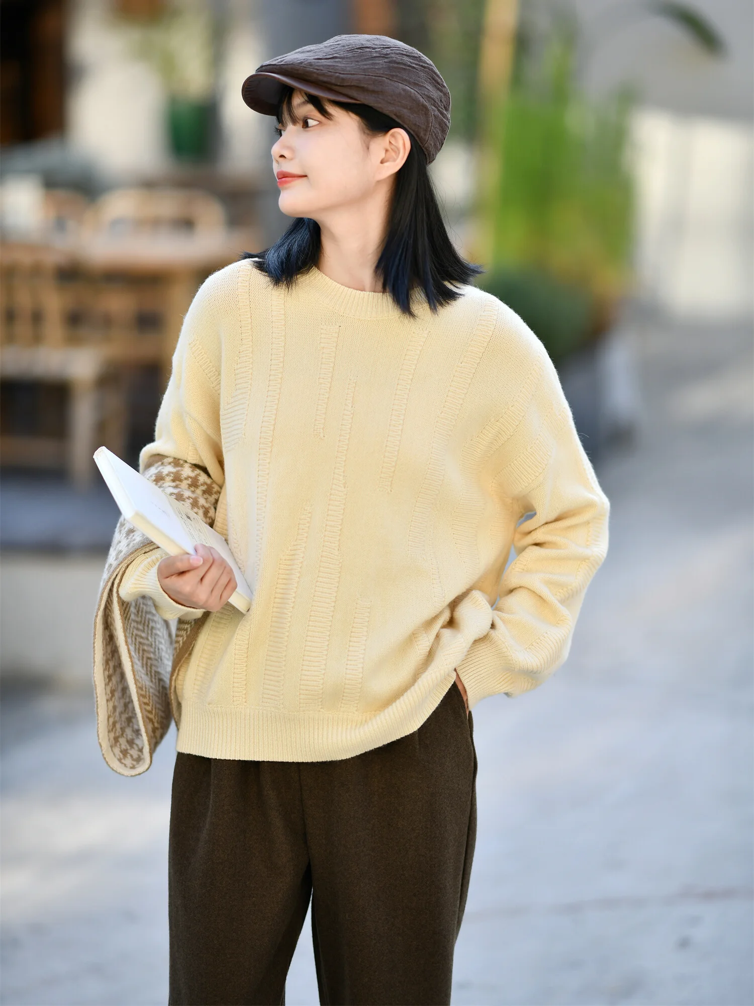 

Свободный вязаный свитер оригинального дизайна с круглым вырезом, винтажный узор, женский, осенне-зимний, модный, универсальный топ