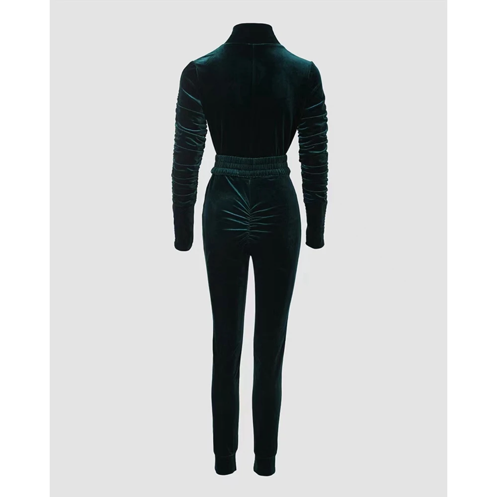 Autumn Fashion Femme Velvet Zipper Design Ruched Long Sleeve Jumpsuit With Elastic Waistbelt Women Solid Jumpsuts Robe