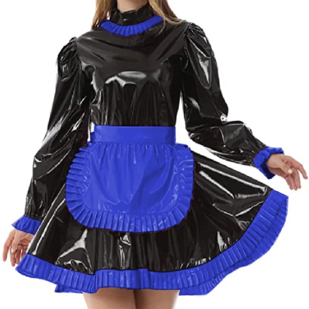 Sissy Sexy Maid Cosplay Puff Sleeve Mini Dress with Apron Gothic Shiny PVC Leather Classic Japanese Sweet Maid Cross Dressing