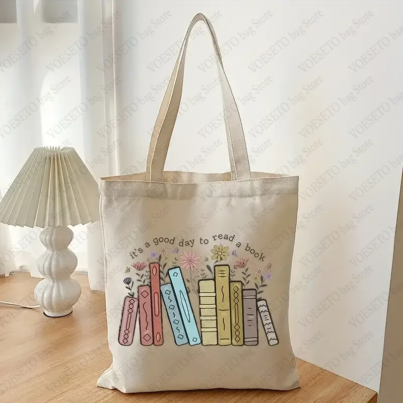 It\'s A Good Day To Read Book Pattern Canvas Shopping Bag Portable Shoulder Bags Large Capacity Tote Bag Gift for Bookish Teacher