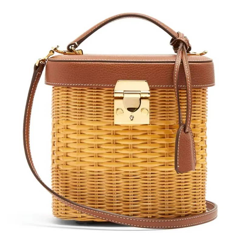 New Fashion Leather Women\'s Bag Hand-woven Rattan Mobile Phone Bags Single Shoulder Messenger Bag Seaside Holiday Handbags