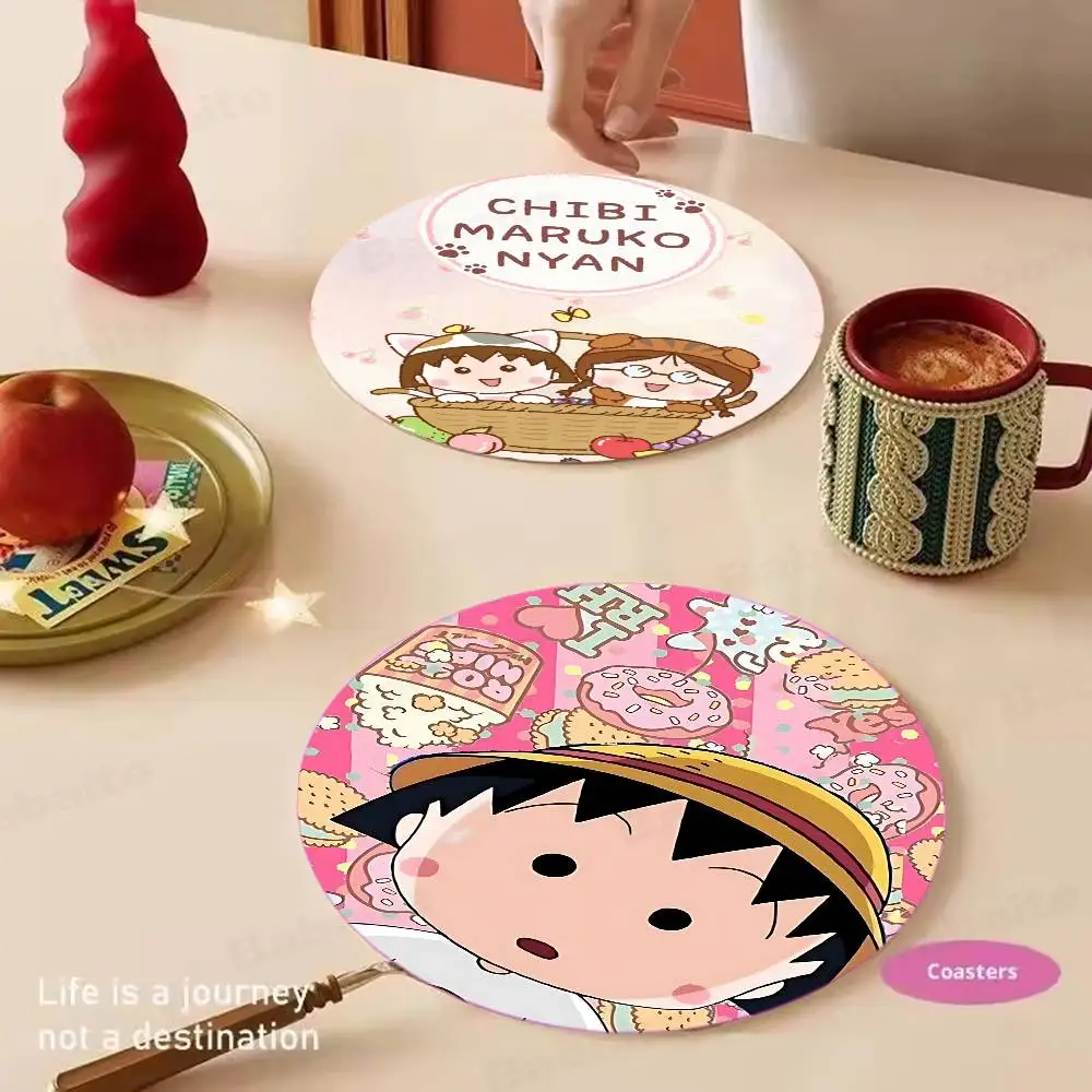 Cartoon Chibi Maruko Chan Wood Coasters Colorful Round Coaster Non-slip Heat Insulation Coffee Mats Home Accessories Kitchen